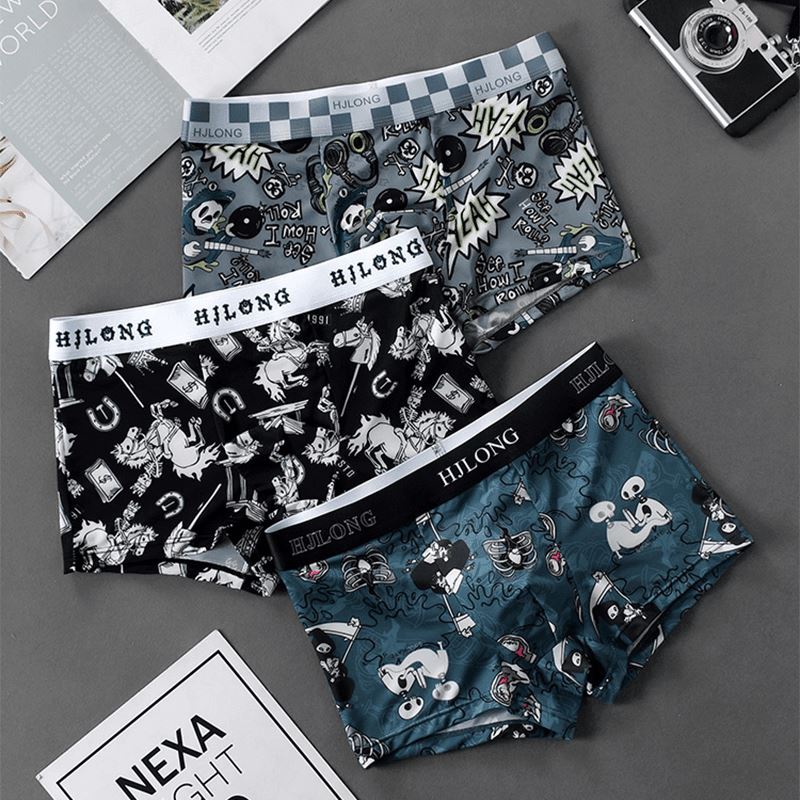 新款夏季冰丝无痕男士内裤潮流薄款印花四角裤休闲舒适透气平角裤