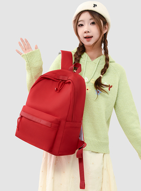 新年款红色双肩包女学生书包大容量轻便百搭简约背包