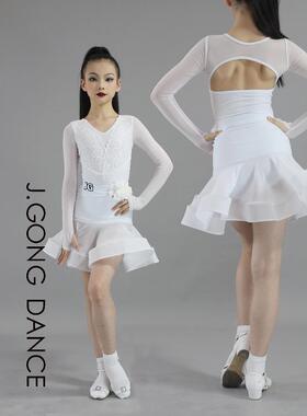 JINGONG秋冬新款儿童拉丁舞服白色蕾丝拼接网眼立体花朵拉丁套装