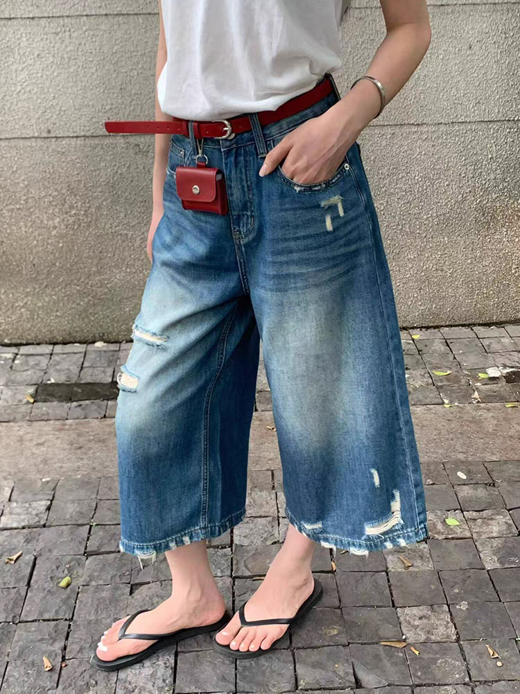自留推荐~！破洞七分牛仔裤女2026夏季薄款小个子宽松阔腿中裤子