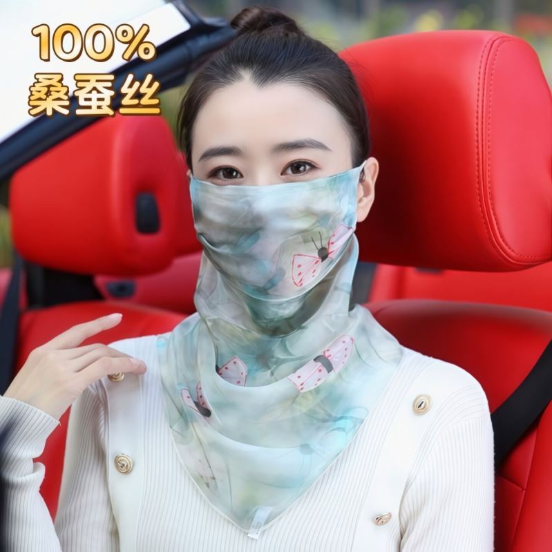 100%桑蚕丝真丝口罩护颈夏季透气薄款女骑车遮阳面罩遮脸防晒面纱