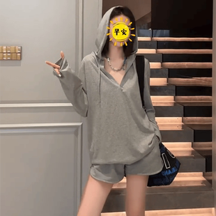 欧货陈太太同款 全码 休闲连帽V领长袖 套装 女 宽松上衣短裤 24ss秋款