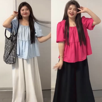 方领泡泡袖薄款宽松短袖衬衫大码