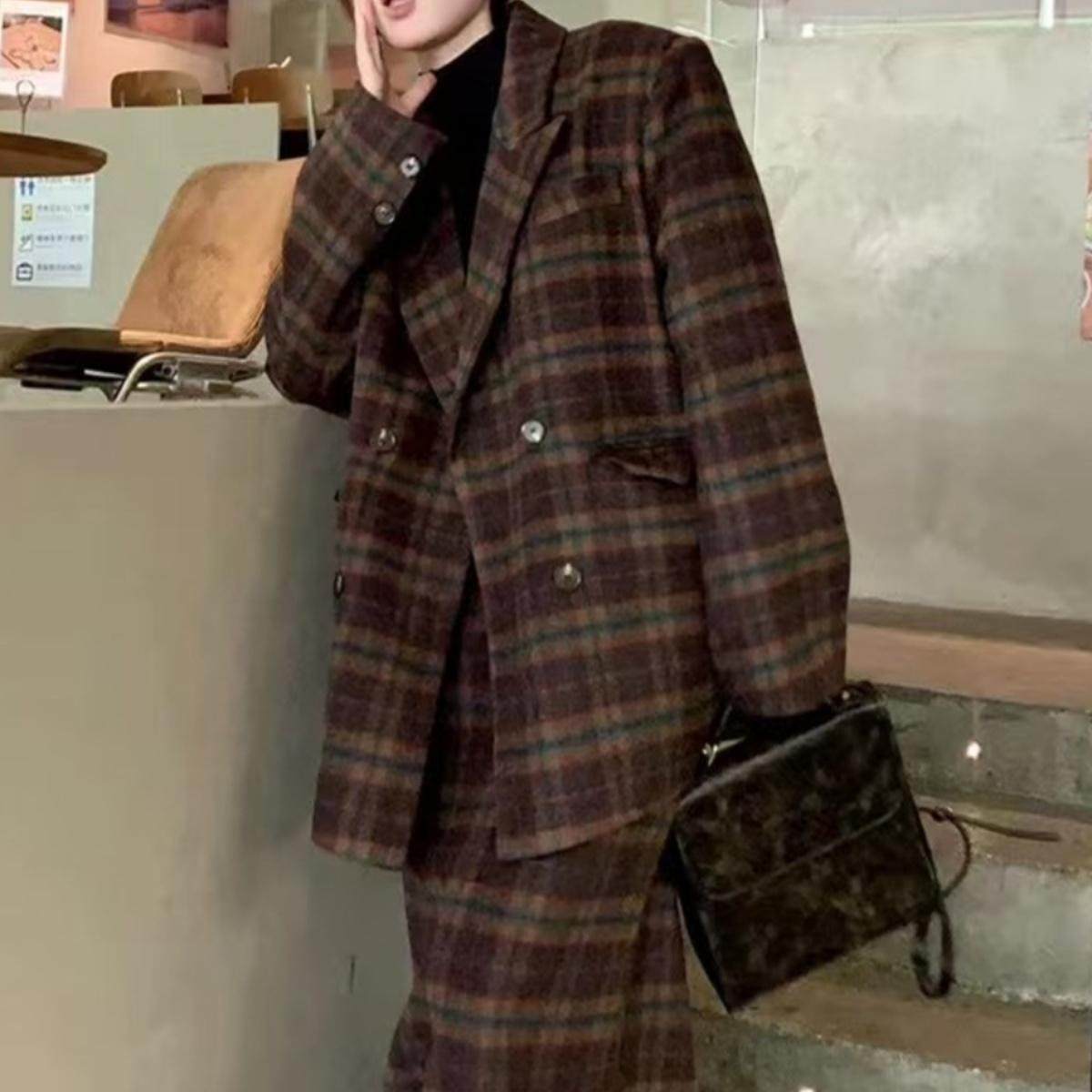 美拉德复古小香风格子西装领毛呢宽松外套上衣半身裙夹棉套装女装,女装/女士精品,时尚套装,淘宝优惠券,粉丝福利购,淘宝优惠卷