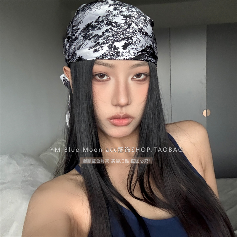 原创黑白水墨时尚印花头巾包头帽遮辣妹小众街舞高级感三角巾装饰