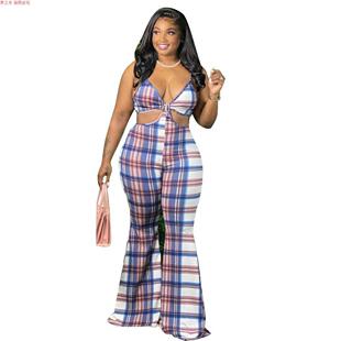 XL-4XL sexy plaid bell-bottom trouser suit大码喇叭裤格子套装