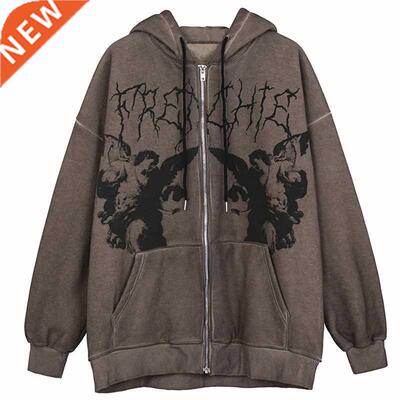 Women Vintge ngel Print Hooded Jcket Men Zip Up Long Slee