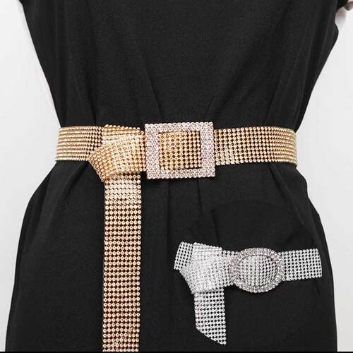 Shiny Rhinestone Waist Belt Gold Silver Buckle Patchwork Adj