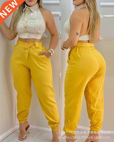 Yellow Halter Top Pants Suit Women Summer 2021 Lace Up Backl