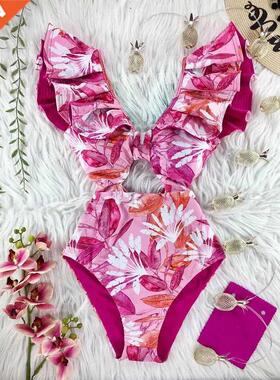 2022 New Print Swimwear Deep V-neck Ruffle Swimsuit Push Up
