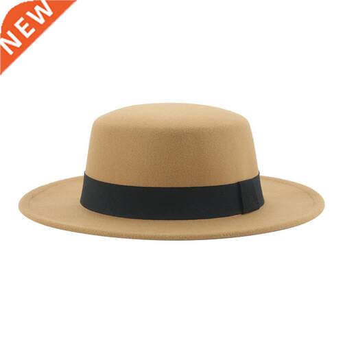 Fedora Hat Women Men Flat Top Ribbon Band Felted Hat Casual