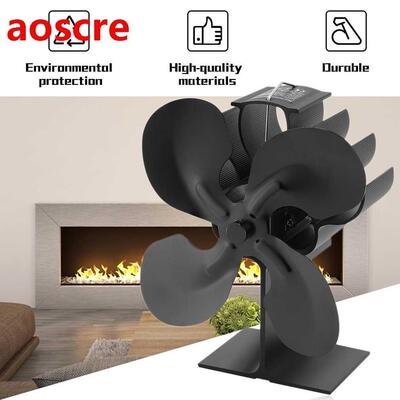 4 Blades Heat Powered Stove Fan Log Wood Burner Quiet Black
