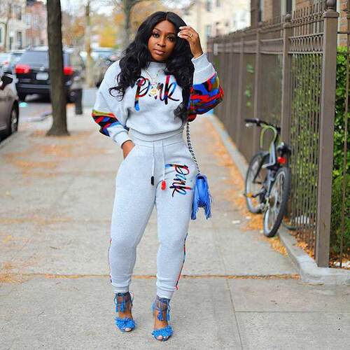 Spring Autumn Pink Letter Print Women Tracksuit Two Piece Se