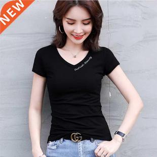 Fashion Summer Top 2021 Women V Neck T Shirt Slim Fit Stretc