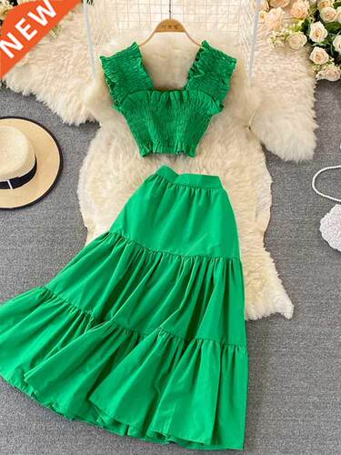 Summer Women Green/Yellow/White Two Piece Set Vintage Square