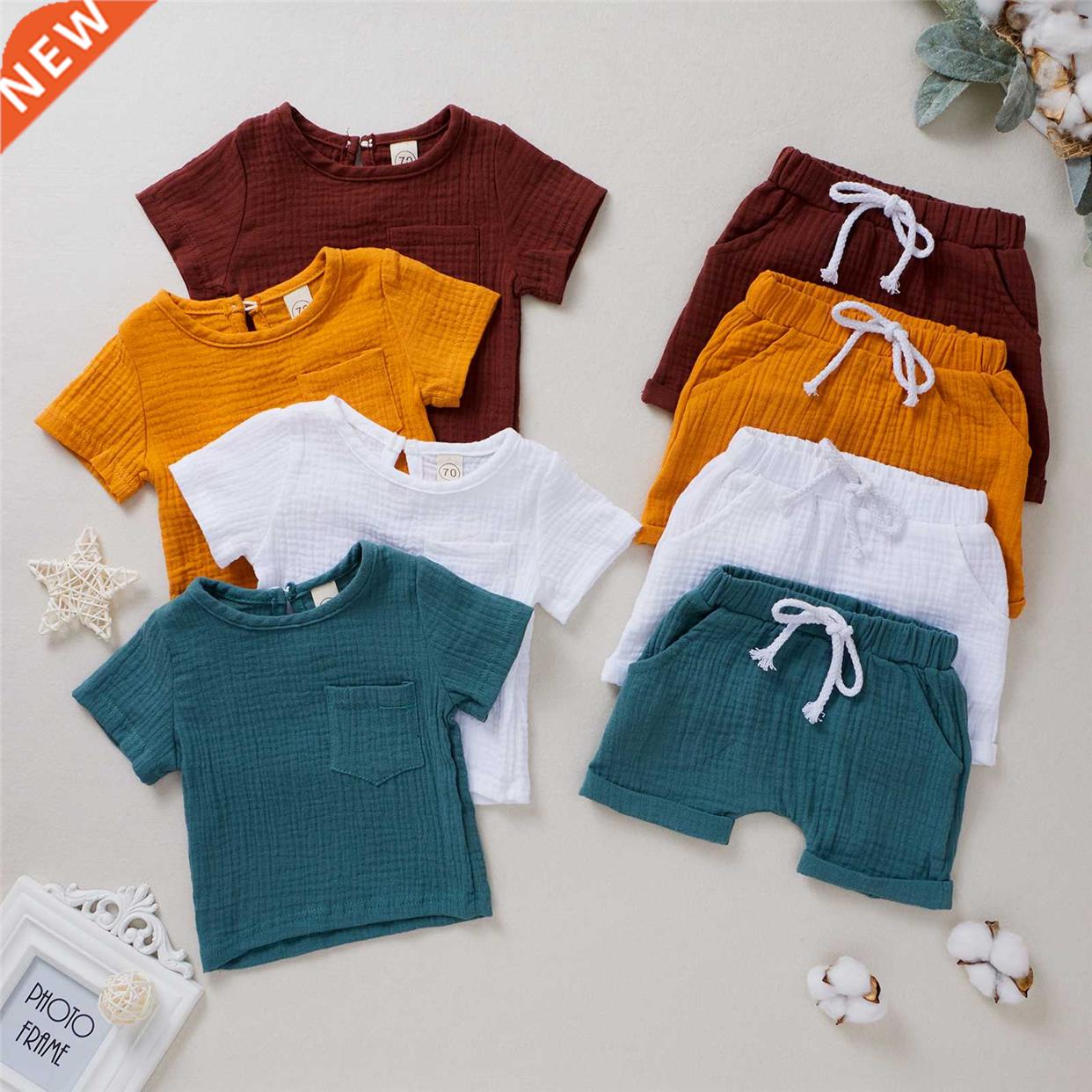 2022 Summer Unisex Baby Cotton Linen 2Pcs Suit Short Sleeve