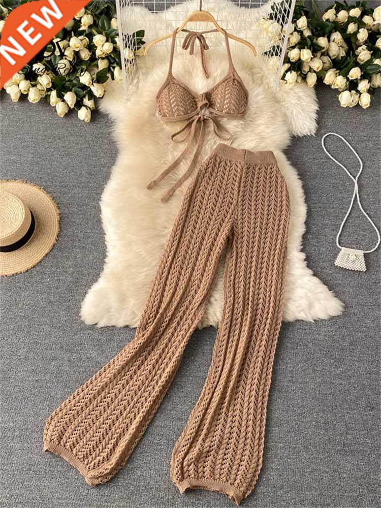 SINGREINY Women Summer Design Knitted Set Sexy Backless Halt