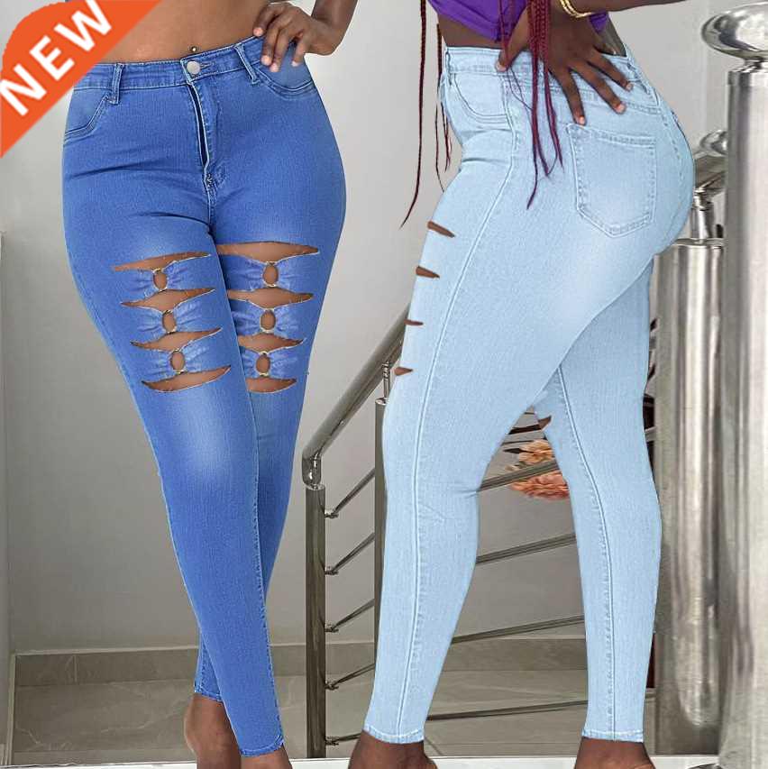 PD10565欧美女装裤亚马逊WISH速卖通时尚破洞金属小脚裤