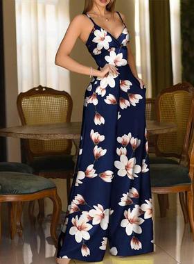 Europea and Americ Leaky Shoulder Long Casual Print Jumpsuit