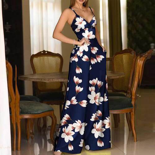 Europea and Americ Leaky Shoulder Long Casual Print Jumpsuit