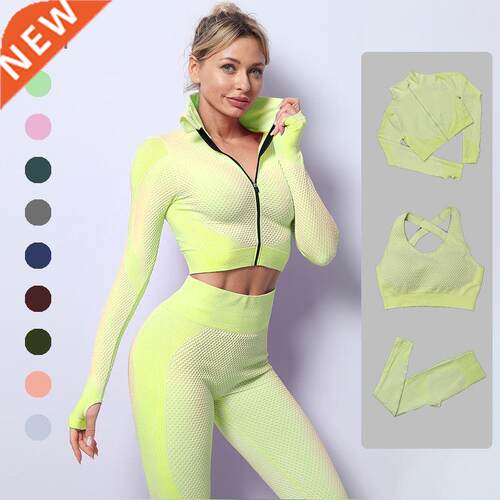 Seamless Women Yoga Set Gym Clothing LongSve Crop Top Hig