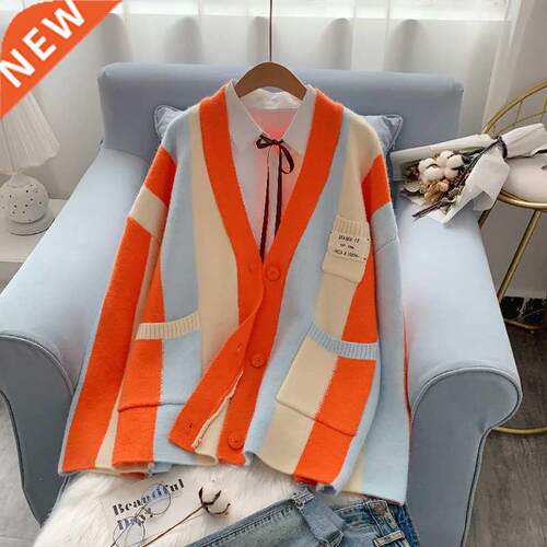 Korean Girls Sweaters Autumn Sweater Colorful Striped Cardig