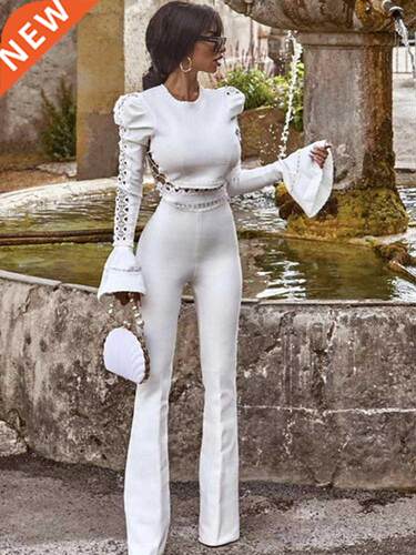 WOMEN WINTER STYLE SEXY LONG SLEEVE FLARE BLA WHITE TWO PIec