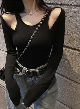 female full sleeve O-neck cropped T-shirt girls slim stchy c