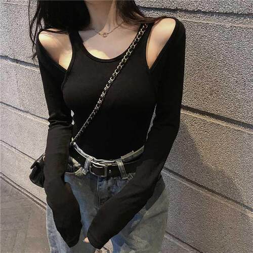 female full sleeve O-neck cropped T-shirt girls slim stchy c