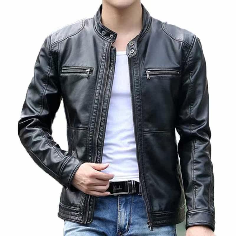 Men's leather Jacket design stand collar Coat Men casual mot图片