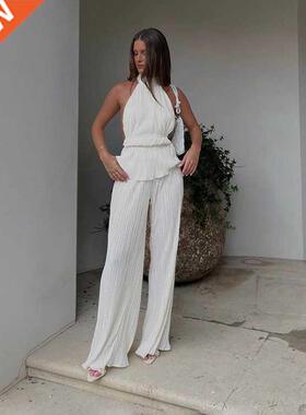 Sexy Tank Top Set Woman 2 Piece Summer White Trouser Suits