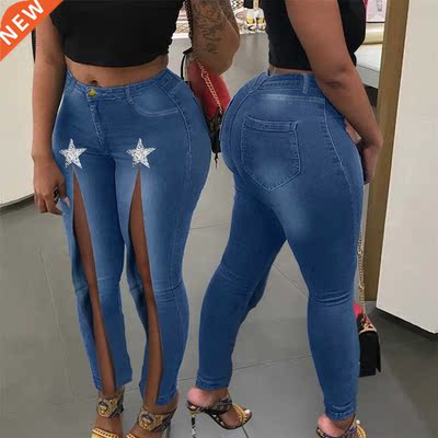 S-xl women's jeans with ripped and slit大码破洞开叉女牛仔裤