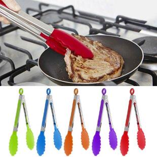 1Pcs Silicone Cooking Food Serving BBQ Stainless Tongs