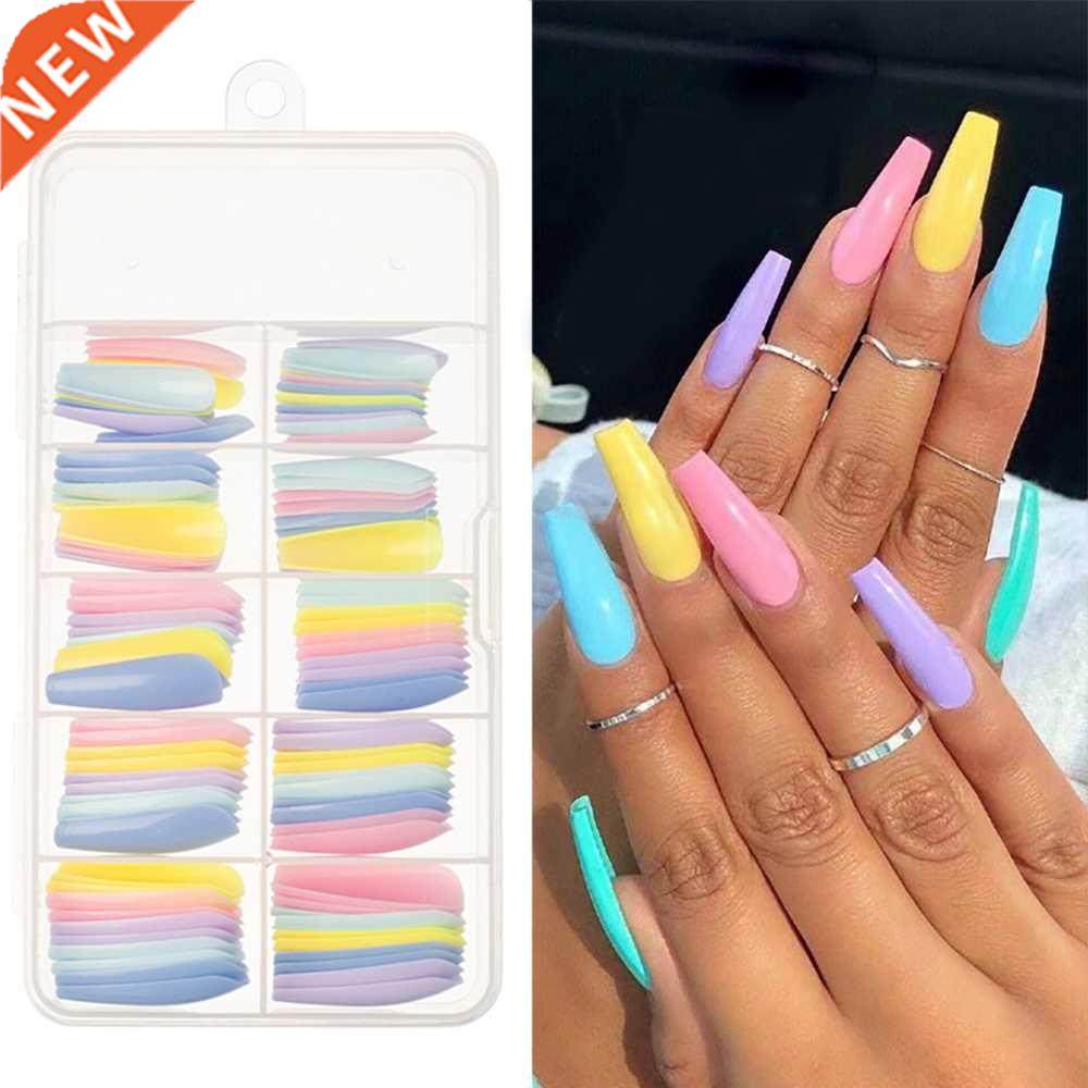100Pcs Colorful Acrylic False Long Coffin Nails Fake Nails F
