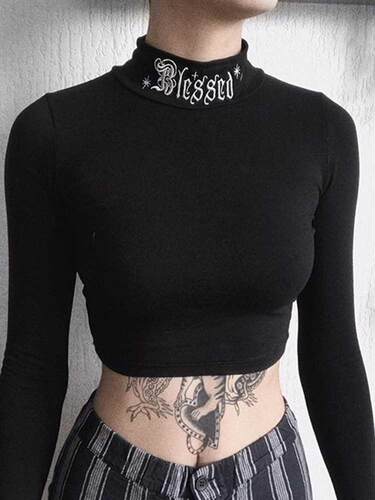 Women Black Bodycon Long Sleeve Crop Tops Gothic Harajuku Le