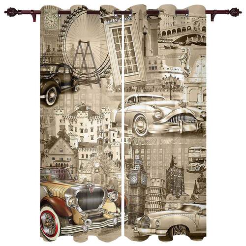 Car European Building Vintage Window Curtains for Bedroom