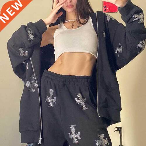 Rhinestone Gothic Streetwear Long Sleeve Black Zip Hoodie Y2
