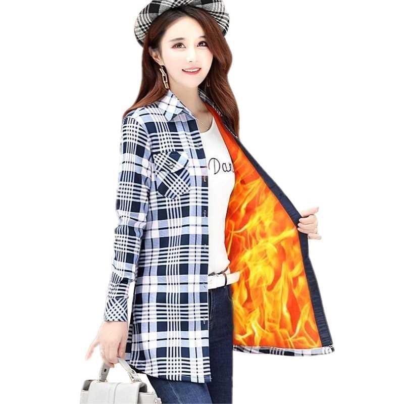 Velvet Thick Warm Women's Long Plaid Shirt Female Full Sleev