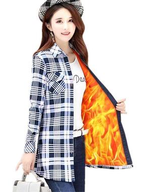 Velvet Thick Warm Women's Long Plaid Shirt Female Full Sleev