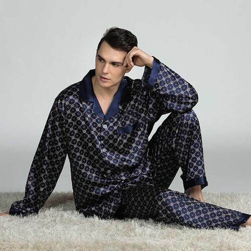New Men Silk Satin Pajama Sets Long Sleeve Sleepwear Set Two