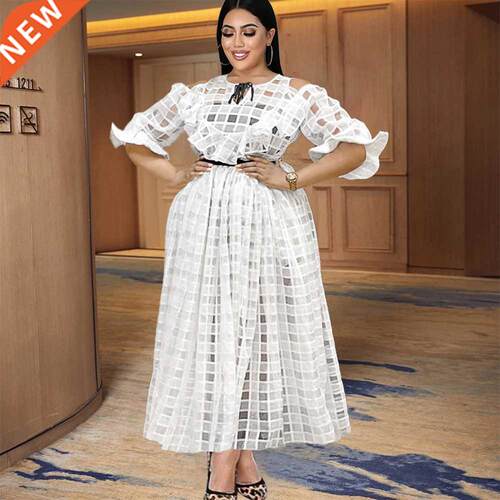 S-xxxxl Ladies dress with Trumpet sleeves and flounces大码裙