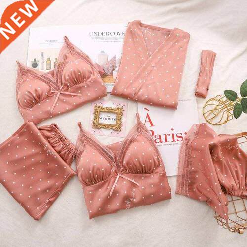 Spring Autumn Pajamas Suit Women Sleepwear Set Silk Satin Ki