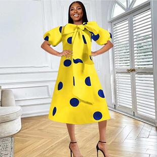 S-4xl Large print bow Dress for ladies大码印花绑带女士连衣裙
