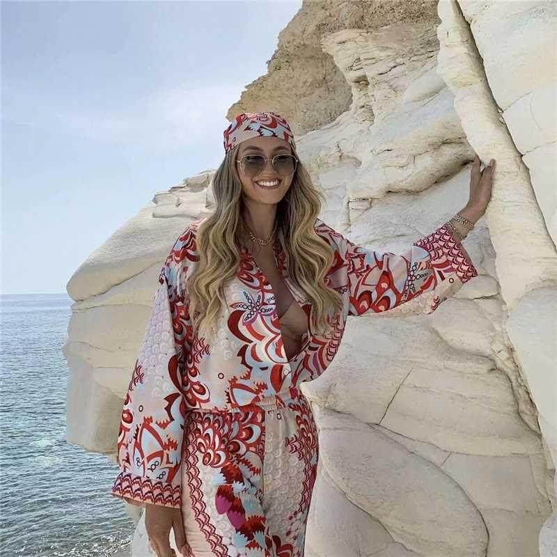 PUWD Elegant Woman Red Print Shirt Suits 2021 Spring Fashion