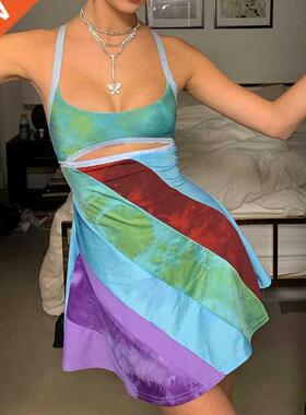 Women Sexy Cutout Colorful Y2K Mini Dress Spaghetti Strap Bo