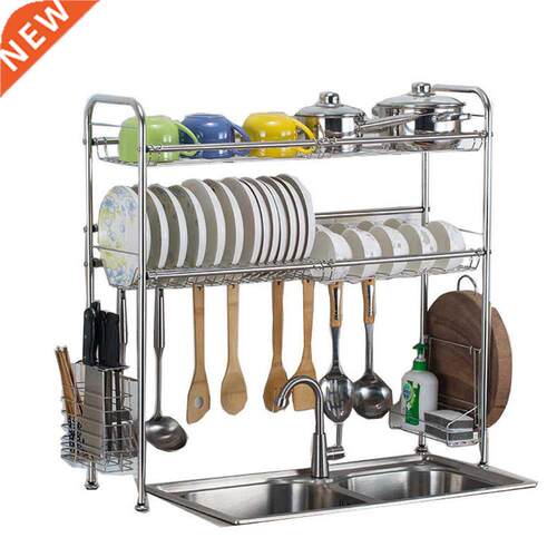 Double Slots Stainless Steel Dish Rack Over Sink Hooks