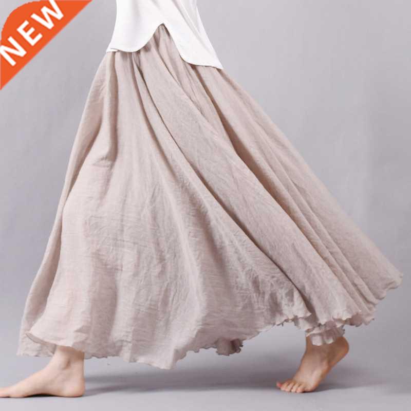 2020 Women Linen Cotton Long Skirts Elastic Waist Pleated Ma图片