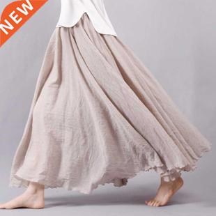 2020 Women Linen Cotton Long Skirts Elastic Waist Pleated Ma