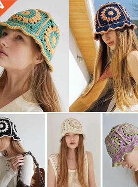 Women Hollow Flower Knitted Fisherman Hat Handmade Crochet M