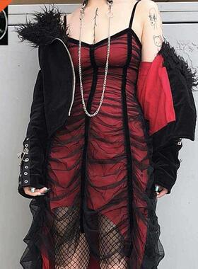 fashion dress暗黑哥网纱褶皱不规则吊带连衣裙个性时尚裙子women
